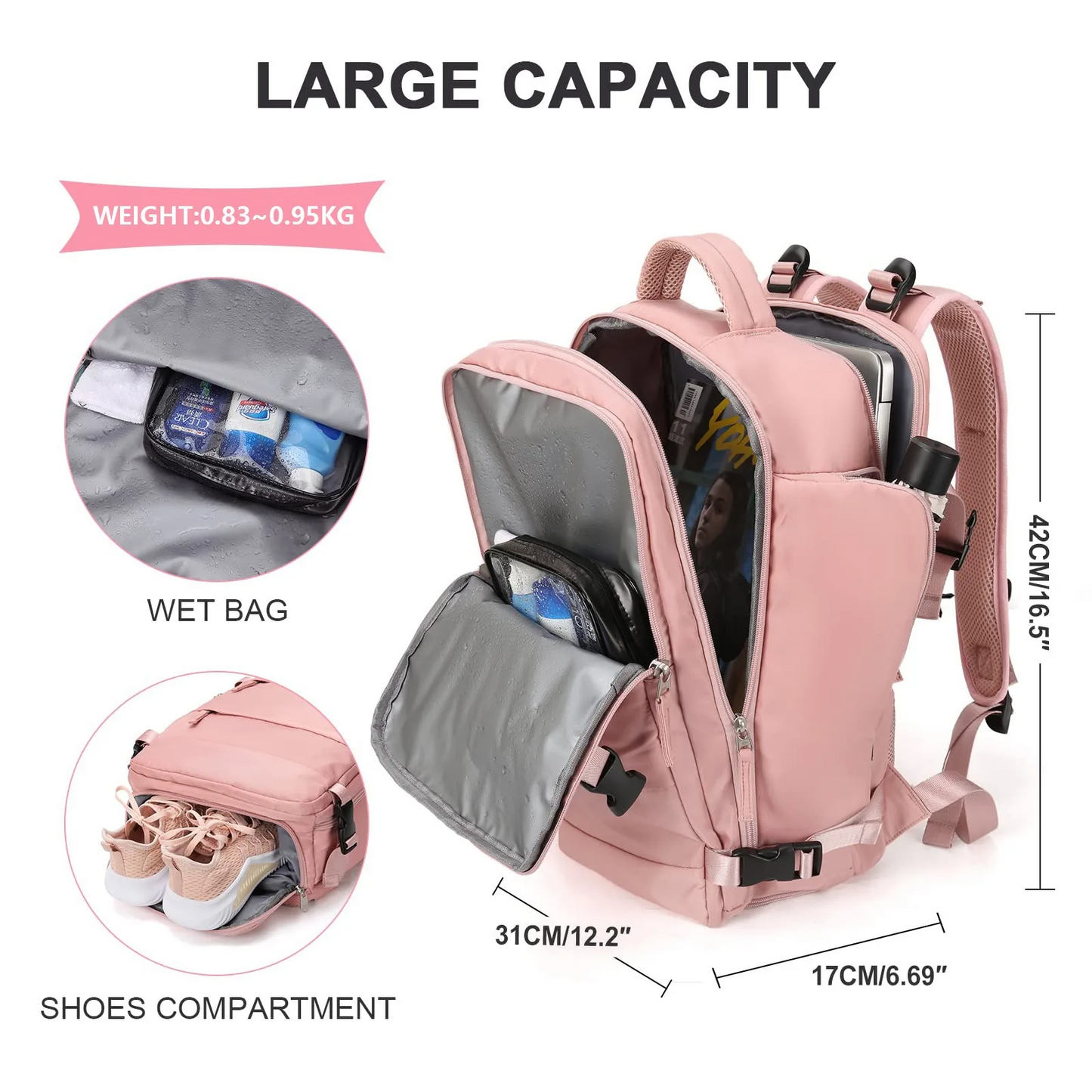 Mochila de equipaje de gran capacidad para mujer, 15,6 pulgadas, impermeable